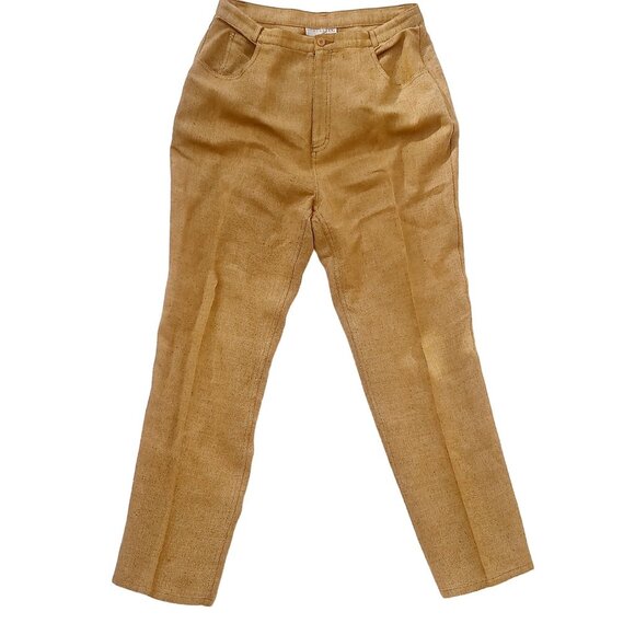 Doncaster Women's 12 Pants Linen Blend Gold High-Waisted Straight Leg Trousers - Picture 1 of 11